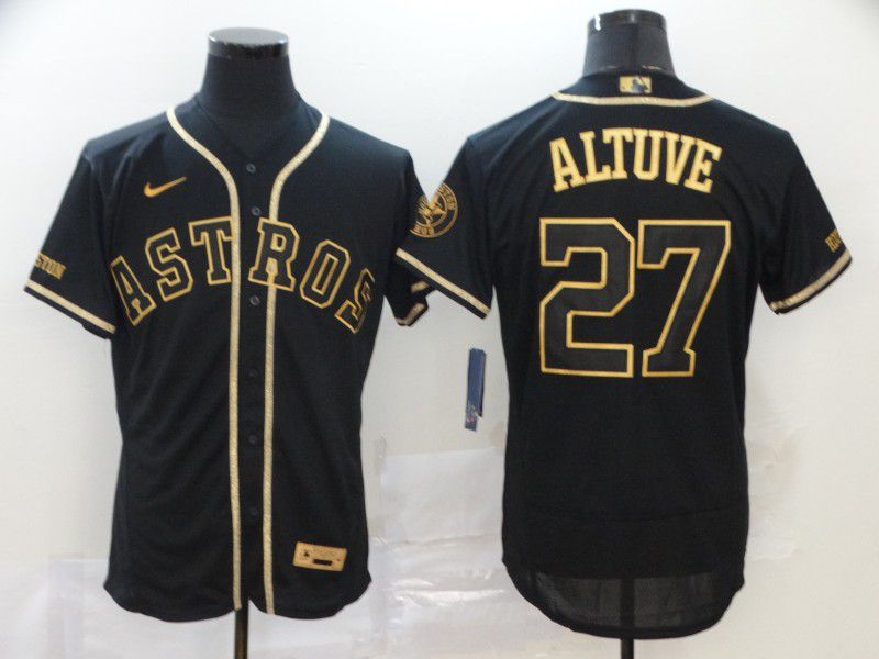 Men Houston Astros #27 Altuve Black Retro gold character Nike MLB Jerseys